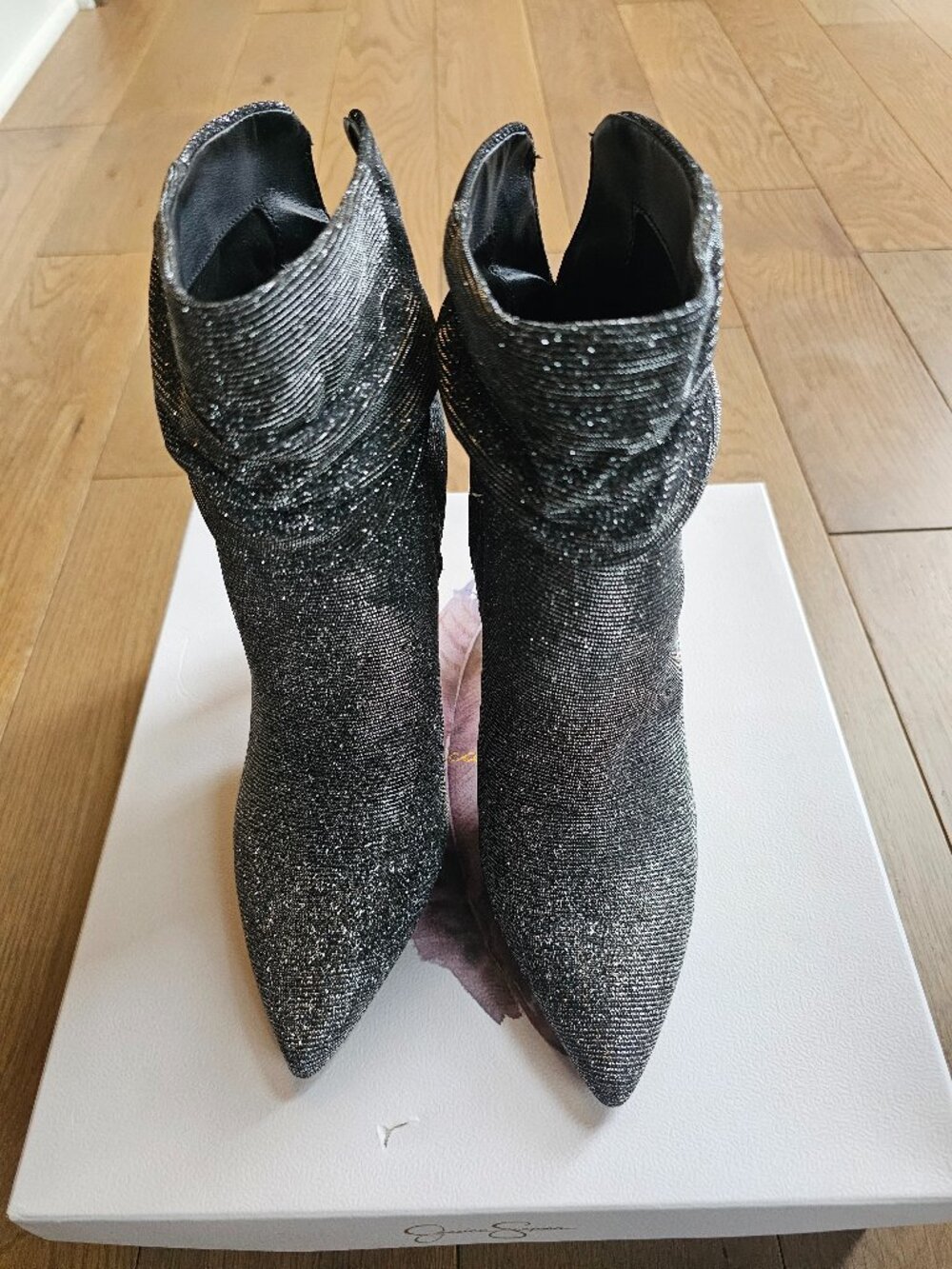 JS-LALIE Pewter Glitter Ankle Boots • Size 8M • Sparkly Party Booties
